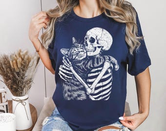 Cat Halloween Shirt with a Vintage Skeleton Cat Design, Perfect for Spooky Season, Cat Moms & Dads and Skeleton Lovers, Funny Cat Lover Gift