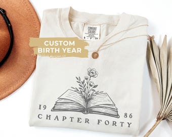 Bookish Birthday Shirt, Reading Tee with Custom Birth Year, Book & Flowers Comfort Colors Vintage Shirt, Book Lovers Milestone Birthday Gift