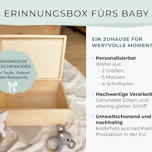 May include: A light-colored wooden keepsake box with an open lid, ideal for storing baby memories. The box is rectangular with a smooth finish. The text on the image says "Keepsake Box for Baby". A crocheted bunny and elephant toy are next to the box.