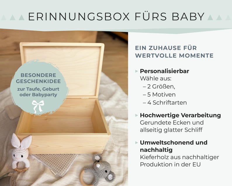 May include: A light-colored wooden keepsake box with an open lid, ideal for storing baby memories. The box is rectangular with a smooth finish. The text on the image says "Keepsake Box for Baby". A crocheted bunny and elephant toy are next to the box.