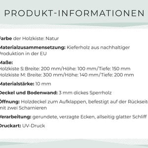 May include: Product information in German. The text describes the color, material, dimensions, and construction of a wooden box. The box is made of pine wood from sustainable production in the EU. The dimensions are provided in millimeters.