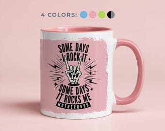 Motherhood Rocks Mug, Mom Life Coffee Cup for Festival & Music Lovers, Dark Humor Mothers Day Gift for Rocker Moms with Rock On Hand Graphic
