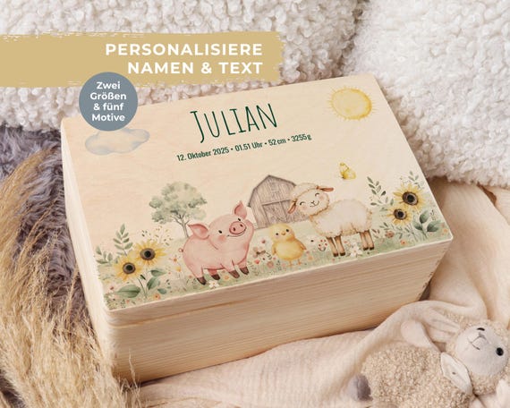 Personalisierte Baby-Erinnerungskiste mit Name und Tieren, Geschenk zur Geburt, Taufe oder Babyparty, Babygeschenk Mädchen Junge, Memory Box