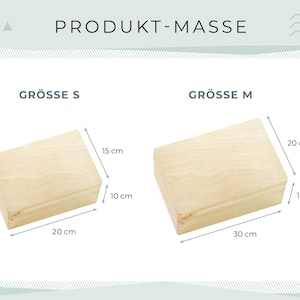May include: Two wooden boxes, labeled 'Gr&ouml;&szlig;e S' and 'Gr&ouml;&szlig;e M', with dimensions displayed. The smaller box is 7.9 inches long, 5.9 inches wide, and 3.9 inches high. The larger box is 11.8 inches long, 7.9 inches wide, and 5.5 inches high.