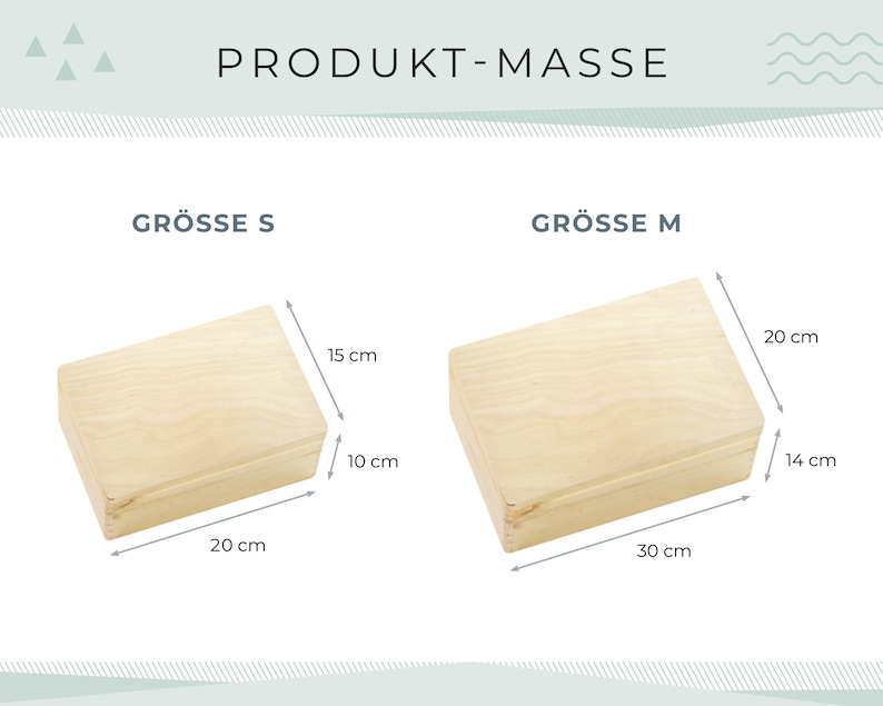 May include: Two wooden boxes, labeled 'Gr&ouml;&szlig;e S' and 'Gr&ouml;&szlig;e M', with dimensions displayed. The smaller box is 7.9 inches long, 5.9 inches wide, and 3.9 inches high. The larger box is 11.8 inches long, 7.9 inches wide, and 5.5 inches high.