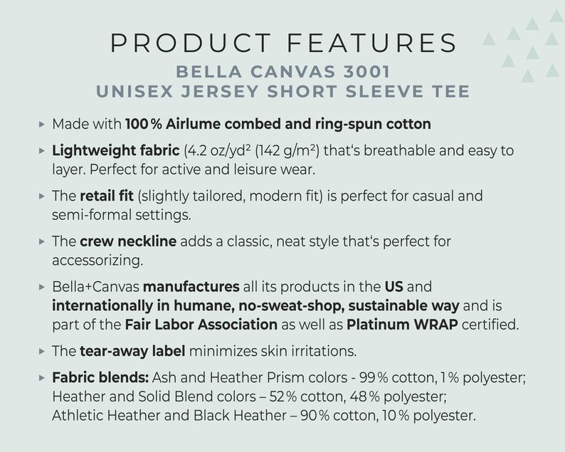 May include: Text on a light green background reads "PRODUCT FEATURES" and "BELLA CANVAS 3001 UNISEX JERSEY SHORT SLEEVE TEE". The text describes the shirt's features, including fabric, fit, and ethical production practices.