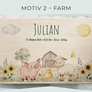May include: A wooden plaque with a farm theme, featuring a pig, sheep, and chick. The plaque includes the name "JULIAN", date, time, length (52 cm), and weight (3255g). Sunflowers, a barn, and a butterfly are also depicted.