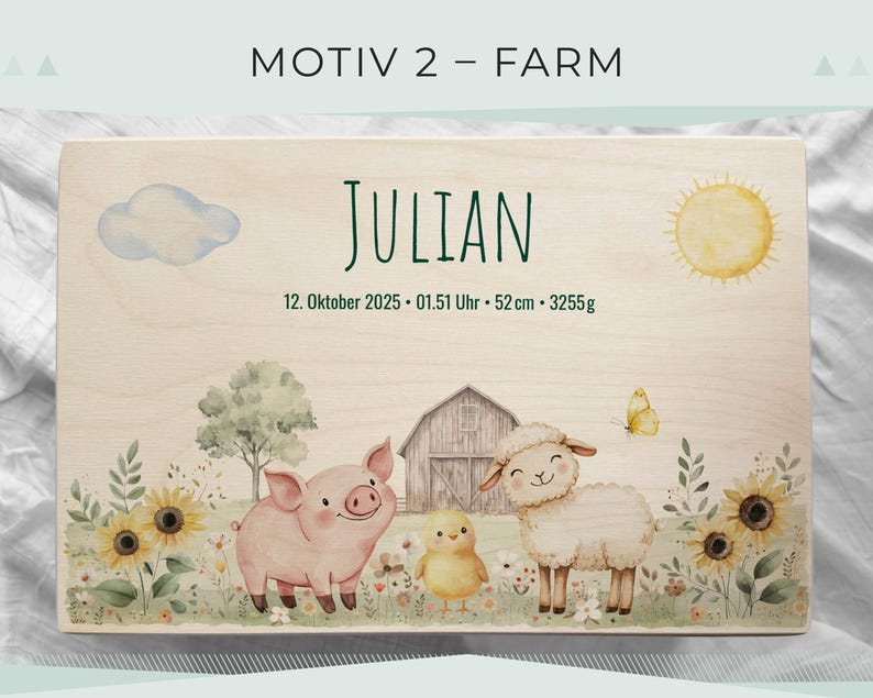 May include: A wooden plaque with a farm theme, featuring a pig, sheep, and chick. The plaque includes the name "JULIAN", date, time, length (52 cm), and weight (3255g). Sunflowers, a barn, and a butterfly are also depicted.