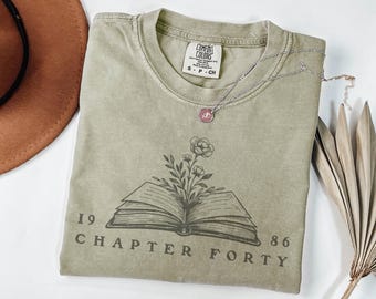 Bookish Birthday Gift with Custom Birth Year Chapter, Book & Flowers Comfort Colors Vintage Shirt, Milestone Birthday Book Lover Gift