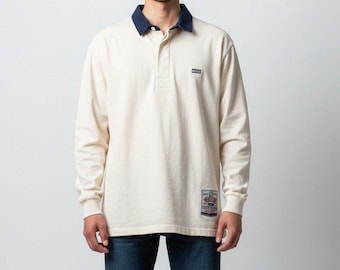 Polo de rugby vintage Bum Equipment para hombre, talla L, holgado, años 90, nuevo, stock antiguo con etiqueta, color marfil.