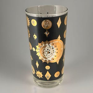 Vaso alto Fred Press firmado MCM Eclipse Atomic Sunburst Gold Gilt Highball Glass Excelente