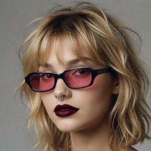 Puede incluir: Una persona con gafas de sol rectangulares negras con lentes rosas. La persona tiene el pelo rubio, un piercing en la nariz y lápiz labial rojo oscuro. El fondo es gris liso.