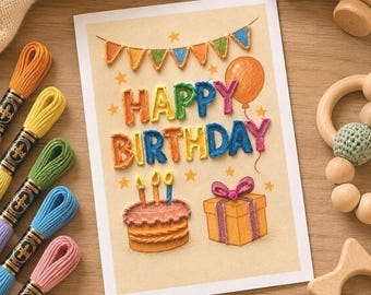 Birthday card embroidery on paper printable pattern with videos and free beginner's tutorial