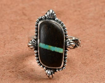 Blackjack Turquoise Ring, Sterling Silver Beads, Adjustable Band, Natural Turquoise Jewelry For Women, Men's.