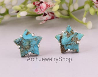 Natural Turquoise Star Stud Earrings, 925 Sterling Silver Boho Jewelry