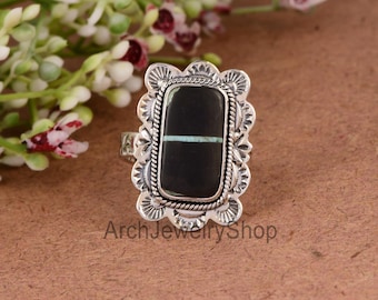 Blackjack Turquoise Sterling Silver Jewelry, Oxidized Statement Ring