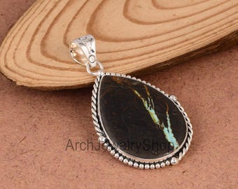 Rare Blackjack Turquoise Pendant, Sterling Silver Beads, Teardrop Western Jewelry