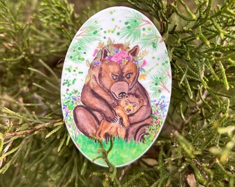 Mama Bear, watercolor, oval sticker