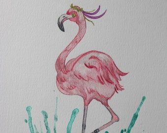 Watercolor painting of a flamingo dancing in ballet shoes