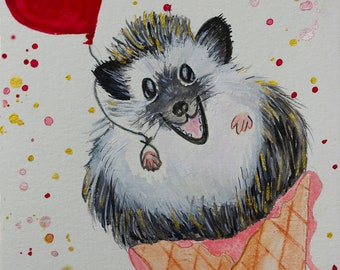 watercolor painting of a hedgehog holding a heart balloon in an ice cream cone