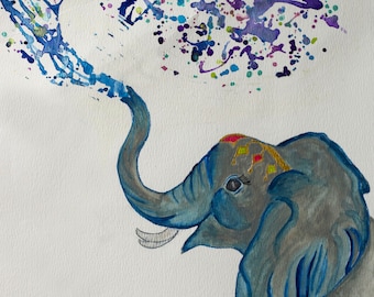 water color print of elephant spraying water, multiple sizes