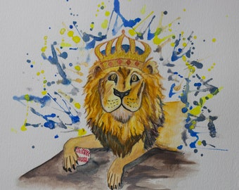 Royal Lion with baseball, watercolor print