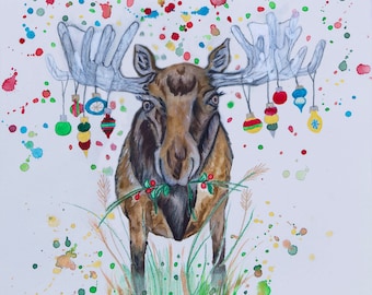 Watercolor print of a Christmas Moose with ornaments hanging from antlers, various sizes