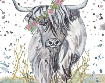 Water color painting of Sally the Highland Cow