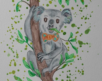 After noon Delight, watercolor Koala chewing on Eucalyptus