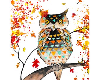 Fall color hoot owl in watercolor print