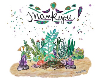 5.5" x 4.5 " Watercolor, cacti Thank You card