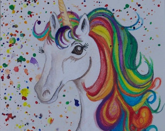 Watercolor print of unicorn with rainbow mane, white back ground, can peronalize, various sizes
