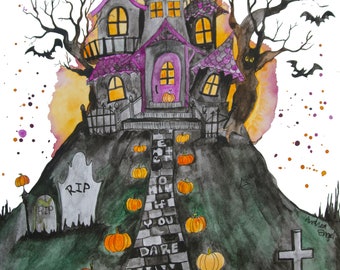 Blank, Watercolor greeting card of haunted house