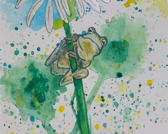 Water color print of a tree frog on a daisy