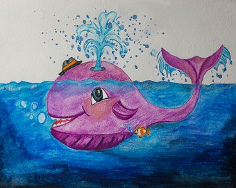 Water color print of a happy whale with a hat and fish friend, various sizes