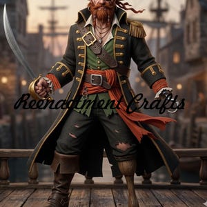 Op de afbeelding: Een digitale illustratie van een piraat met een rode baard, gekleed in een zwarte jas met gouden afwerking, een groen vest en een donkere broek. Hij houdt een zwaard vast en staat op een houten dek. De tekst "Reenactment Crafts" is zichtbaar.