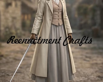 Płaszcz z wełny w stylu steampunk wiktoriańskim w kolorze złamanej bieli: surdut w stylu regencji, kostium średniowieczny w stylu renesansu