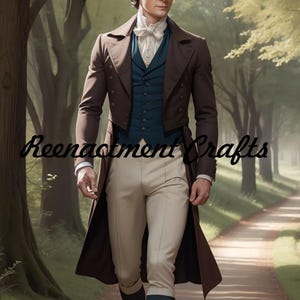 May include: A brown tailcoat with a dark teal waistcoat and cream-coloured trousers. The outfit is reminiscent of historical attire. The image includes the text "Reenactment Crafts".