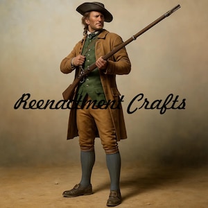 May include: A person in historical costume, holding a long rifle. The outfit includes a brown coat, green waistcoat, and tan breeches, with grey stockings and dark shoes. The image has the text "Reenactment Crafts".