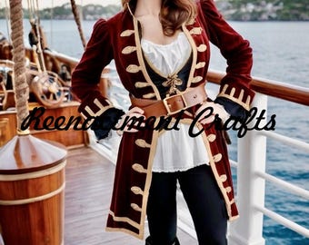 Women's Captain Jack Sparrow Costume: Maroon Velvet Hook Pirate Jacket, Steampunk Cosplay Frock Coat