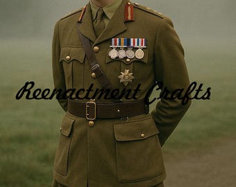 May include: Olive green military uniform with a brown belt and shoulder strap. The uniform features multiple pockets, gold buttons, and medals. The text "Reenactment Crafts" is visible on the lower left.