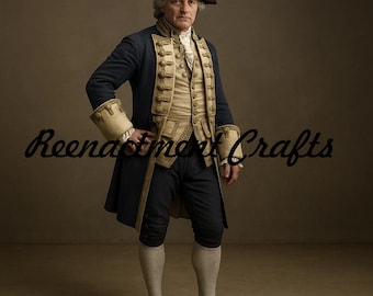 May include: A man in a navy blue and gold historical costume, including a long coat, vest, and breeches. He wears a black tricorn hat and white stockings. The costume has gold buttons and trim. The text "Reenactment Crafts" is visible.