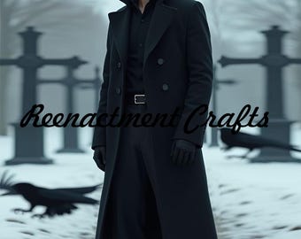Herren Gothic Trenchcoat aus schwarzer Wolle: Viktorianischer Steampunk-Stil Mantel, mittelalterliches Bridgeton-Kostüm