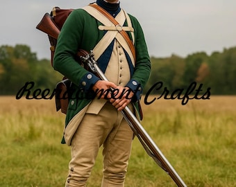 May include: A person in a Revolutionary War era uniform, holding a long rifle. The green coat has blue cuffs and a cream-colored vest. The person is wearing tan pants and a tricorn hat. A brown leather backpack is visible. The text "Reenactment Crafts" is in the image.