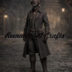 Puede incluir: Un abrigo largo gris oscuro con pantalones, chaleco y sombrero a juego. El atuendo incluye un cinturón con una bolsa, guantes y botas altas. El texto "Reenactment Crafts" está escrito en cursiva en la parte inferior izquierda de la imagen.