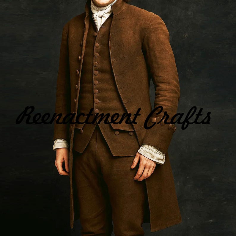 18th Century Reenactment Coat : Regency Style Brown Wool Frock Coat, Colonial Cosplay, Men Regency Style Frock Coat, Colonial Gentleman Outfit Halloween Costume Coat, Historical Cosplay Coat, Reenactment Coat, Brown Wool Coat, 18th Fashion Frock Coat, Patriotic Outfit, Steampunk Frock Coat, Handmade Frock Coat, French War Frock Coat, Inspired Frock Coat, Brown Wool Outfit