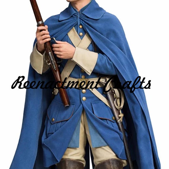 18th Century Military Cloak Coat - Revolutionary War Soldier Blue Wool Uniform, Cavalry Regiment Costume
