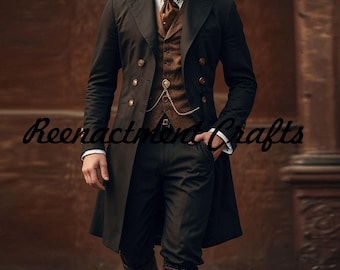 Męski ciemnobrązowy wełniany kostium Bridgeton, kurtka w stylu wiktoriańskim steampunk, płaszcz Gehrock