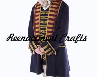 May include: A navy blue coat with gold trim and red accents. The coat has multiple gold buttons and is part of a historical reenactment costume. The text "Reenactment Crafts" is written in cursive on the image.