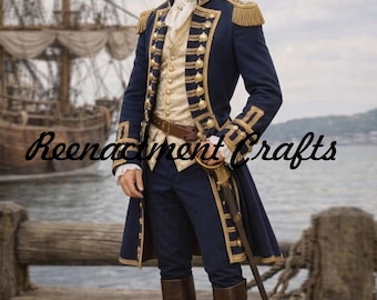 Płaszcz admirała z wełny w kolorze Royal Navy Blue: Mundur oficera marynarki wojennej z XVIII wieku, kostium kapitana piratów